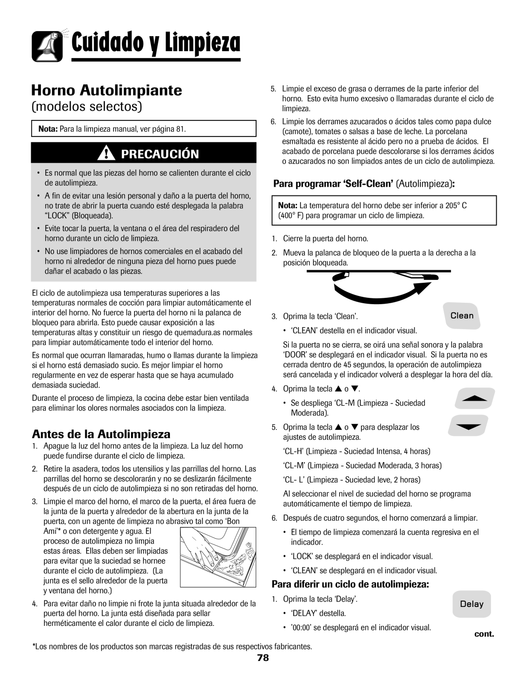 Amana pmn Antes de la Autolimpieza, Para programar ‘Self-Clean’ Autolimpieza, Para diferir un ciclo de autolimpieza 