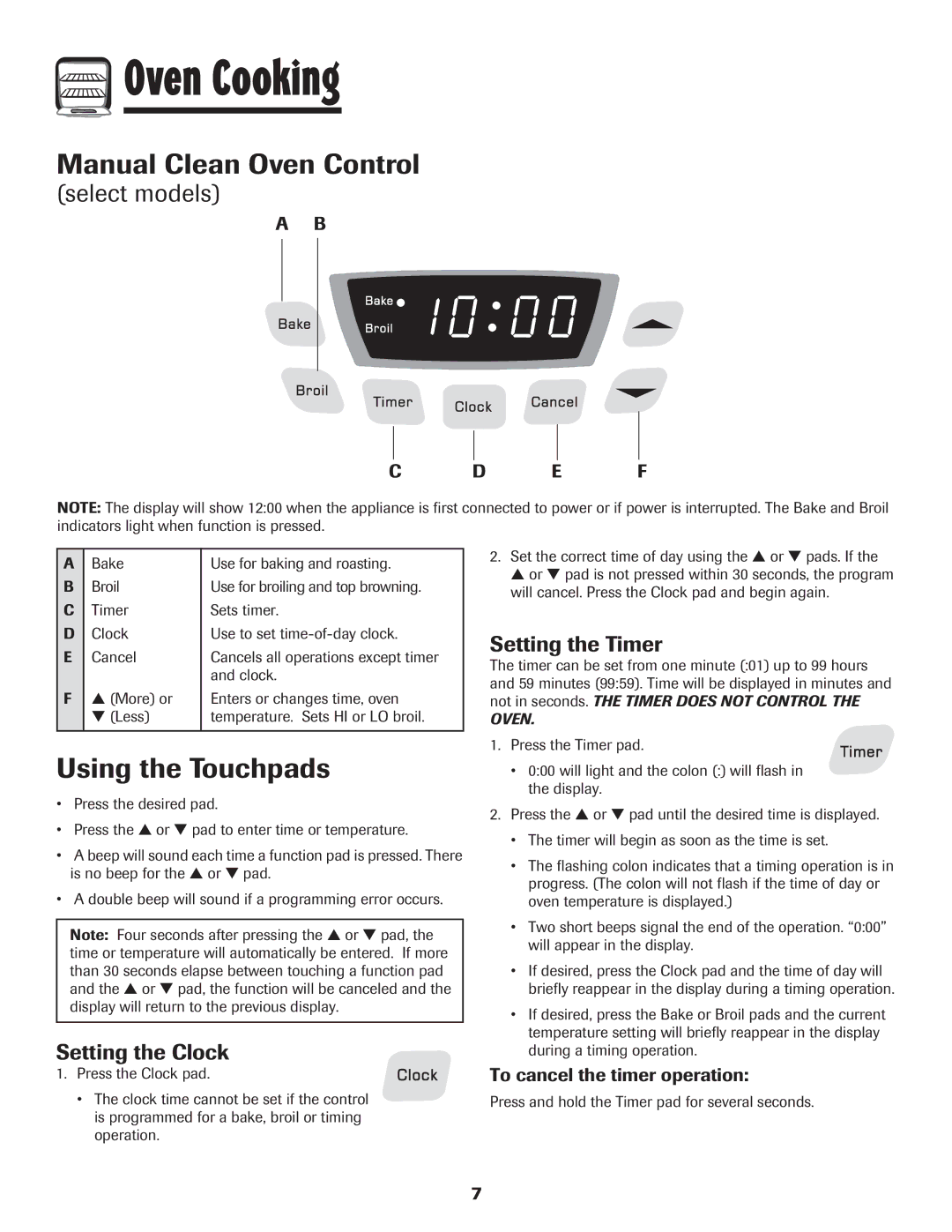 Amana pmn Oven Cooking, Manual Clean Oven Control, Using the Touchpads, Setting the Timer, Setting the Clock 