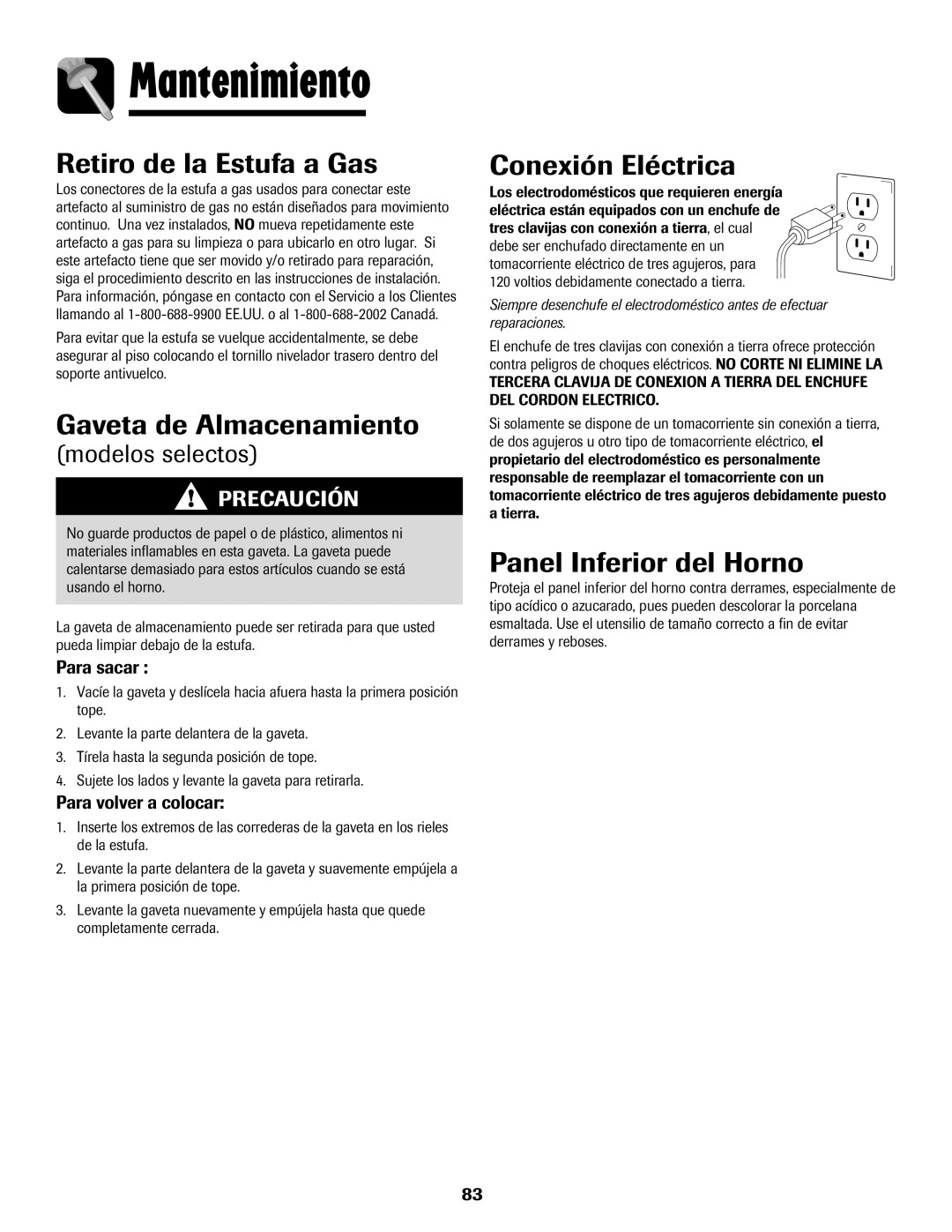 Amana pmn Retiro de la Estufa a Gas, Gaveta de Almacenamiento, Conexión Eléctrica, Panel Inferior del Horno 