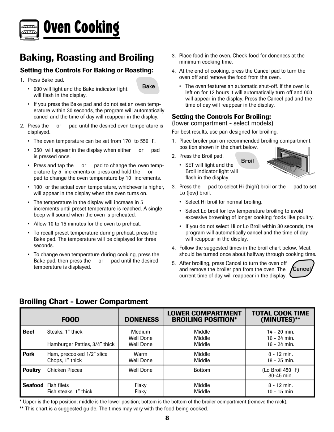 Amana pmn Baking, Roasting and Broiling, Broiling Chart Lower Compartment, Setting the Controls For Baking or Roasting 