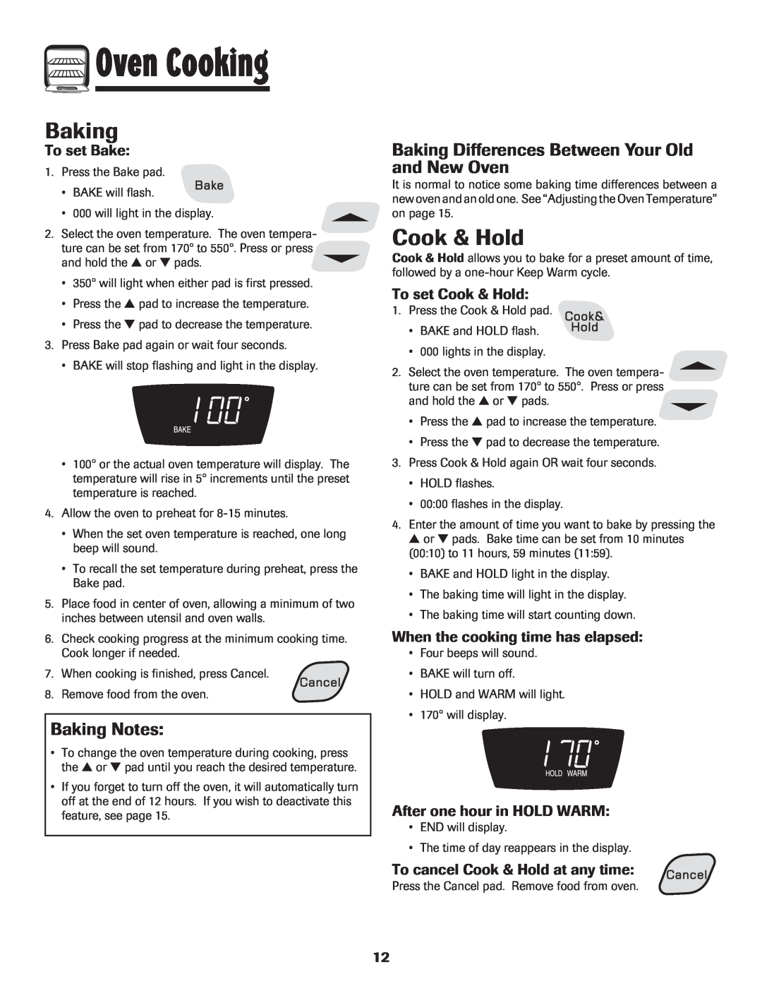 Amana pmn Baking Notes, Baking Differences Between Your Old and New Oven, To set Bake, To set Cook & Hold 