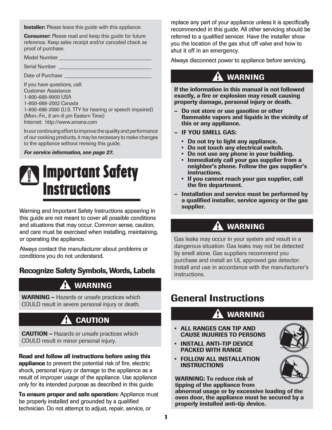 Amana pmn important safety instructions Important Safety, General Instructions, Recognize Safety Symbols, Words, Labels 