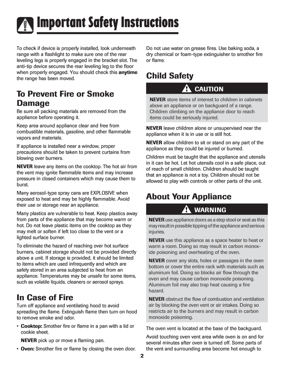 Amana pmn Important Safety Instructions, To Prevent Fire or Smoke Damage, In Case of Fire, Child Safety 