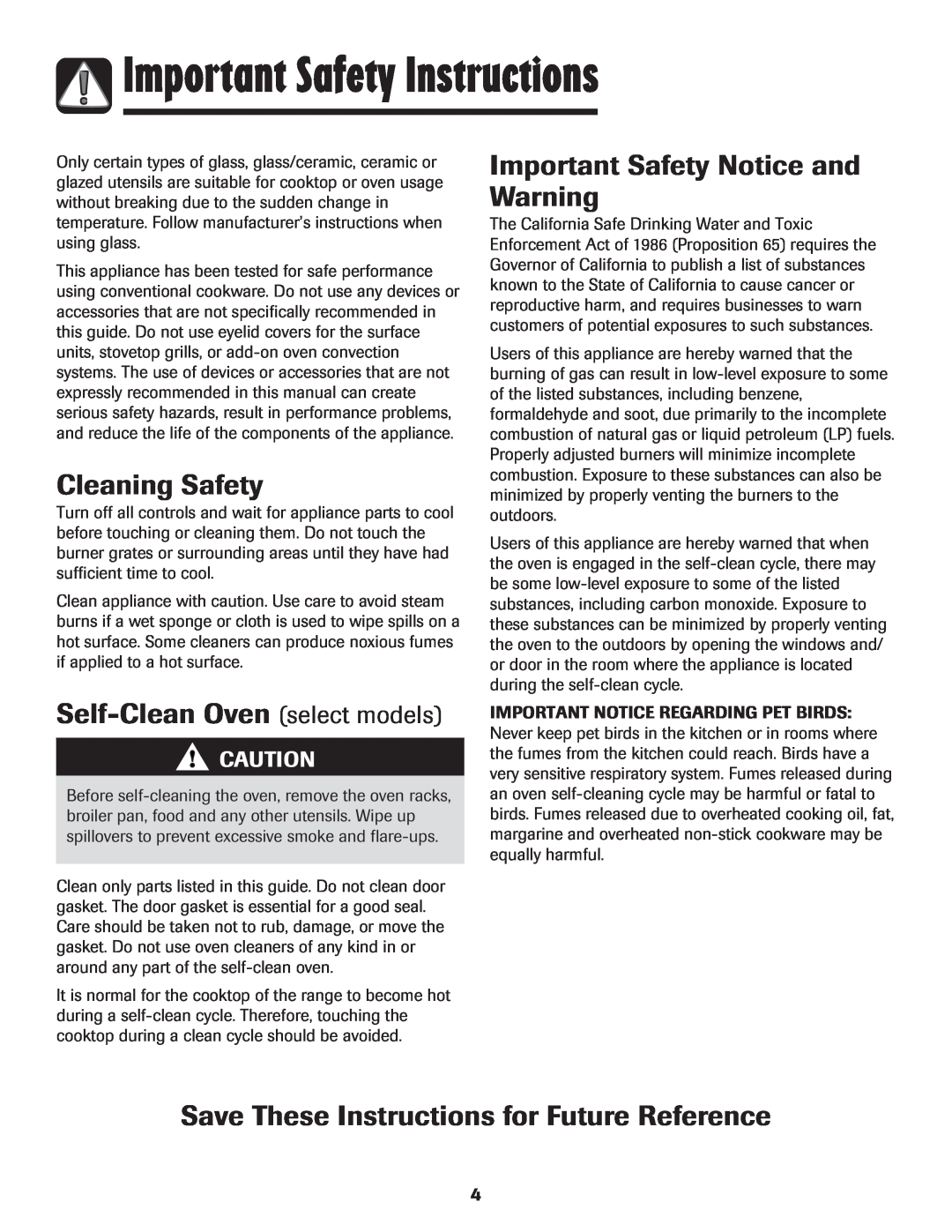 Amana pmn important safety instructions Cleaning Safety, Self-Clean Oven select models, Important Safety Notice and Warning 