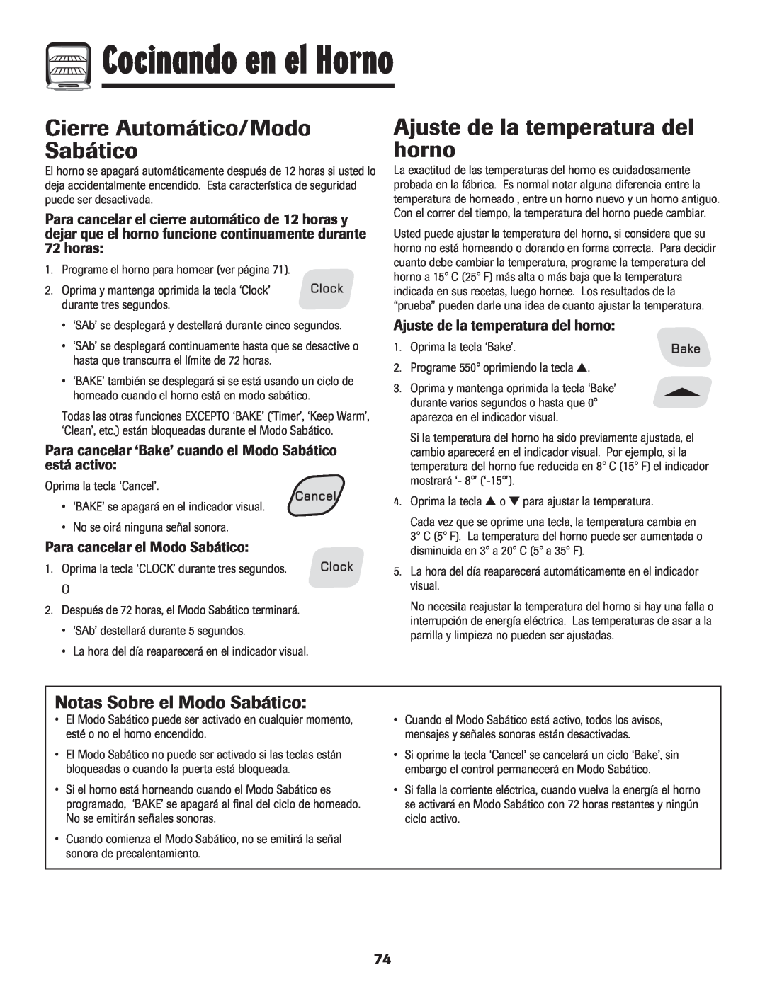 Amana pmn Cierre Automático/Modo Sabático, Ajuste de la temperatura del horno, Notas Sobre el Modo Sabático, horas 