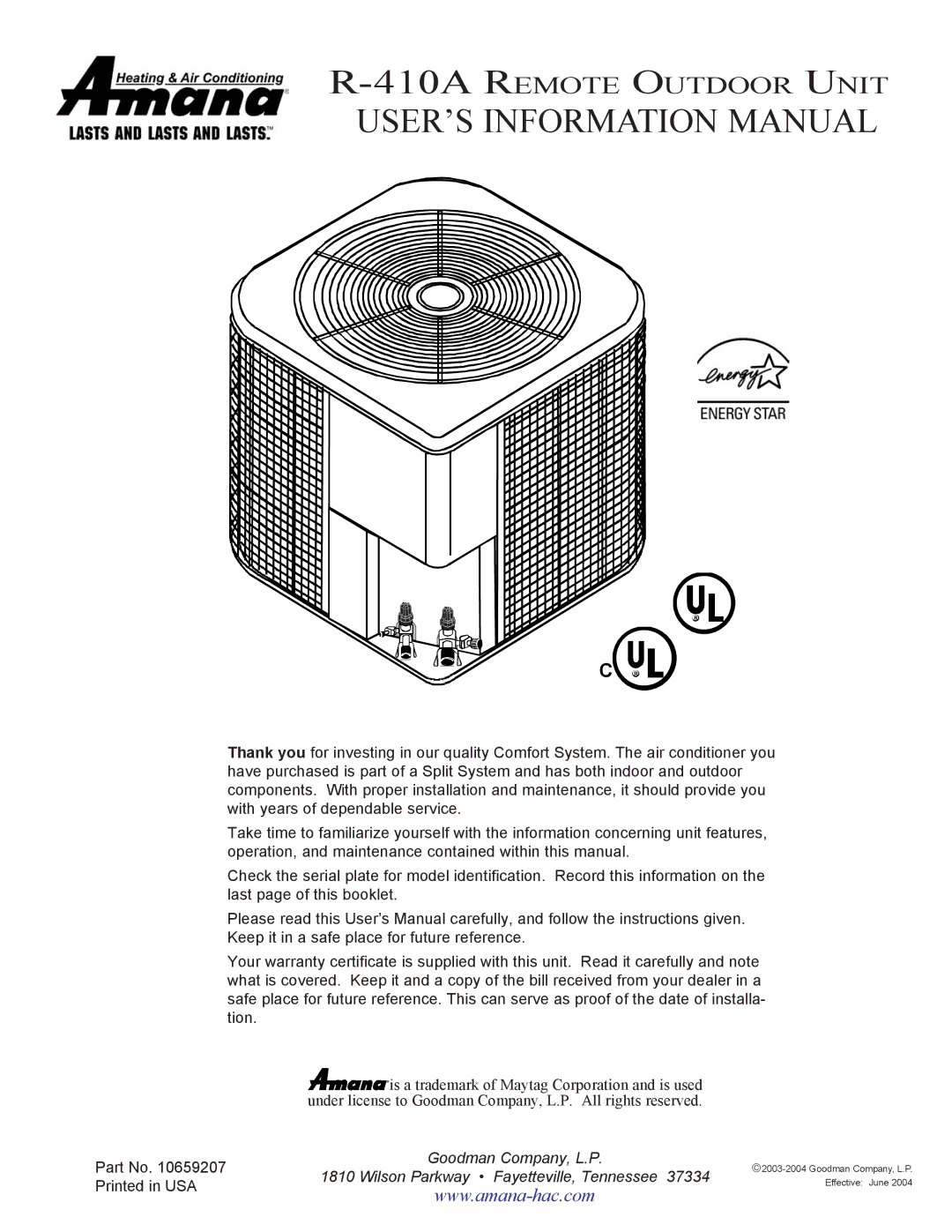 Amana R-410A user manual USER’S Information Manual 