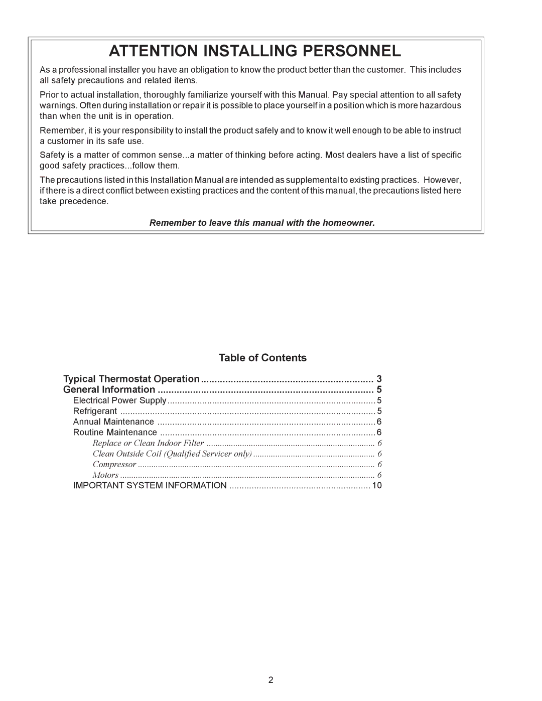 Amana R-410A user manual Table of Contents 