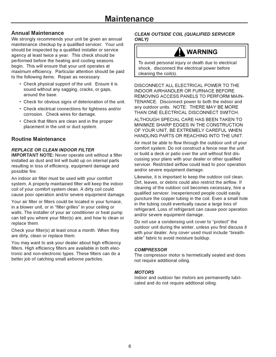 Amana R-410A user manual Annual Maintenance, Routine Maintenance 