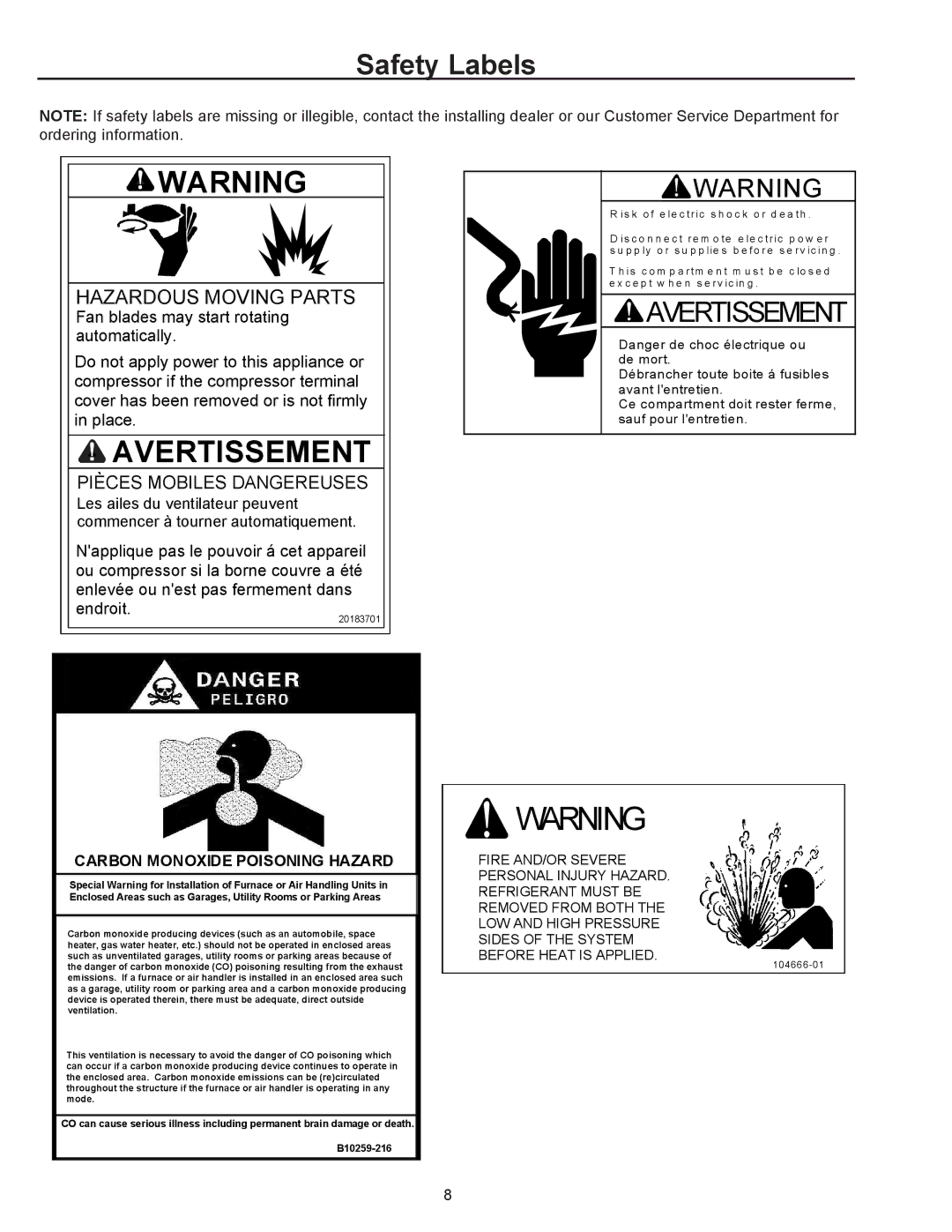 Amana R-410A user manual Safety Labels, Hazardous Moving Parts 