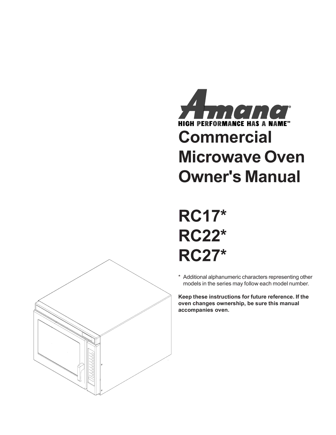 Amana owner manual Commercial Microwave Oven RC17 RC22 RC27 