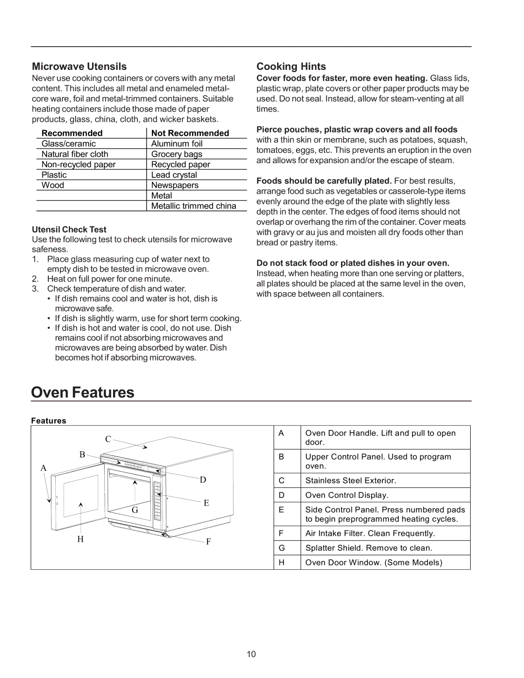 Amana RC17, RC22, RC27 owner manual Oven Features, Microwave Utensils, Cooking Hints 