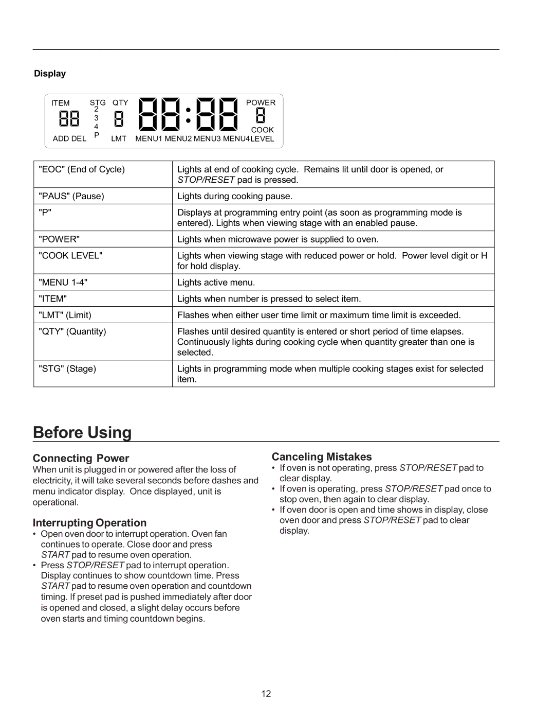 Amana RC22, RC17, RC27 owner manual Before Using, Connecting Power, Interrupting Operation, Canceling Mistakes 