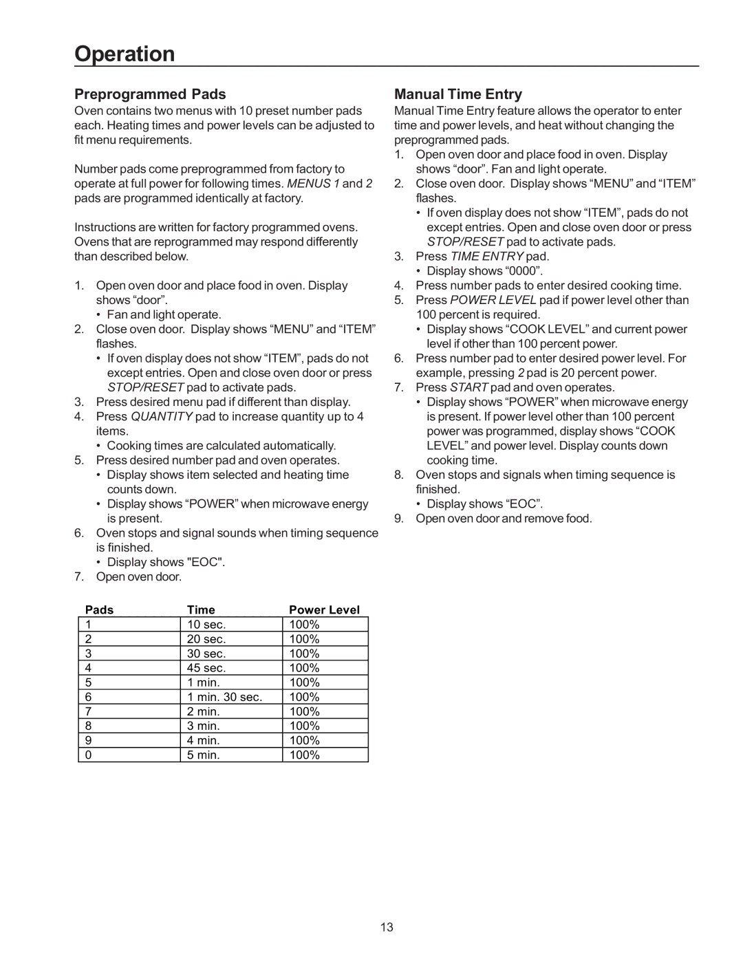 Amana RC17, RC22, RC27 owner manual Operation, Preprogrammed Pads, Manual Time Entry 