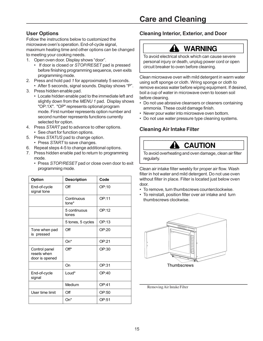 Amana RC22, RC17, RC27 Care and Cleaning, User Options, Cleaning Interior, Exterior, and Door, Cleaning Air Intake Filter 