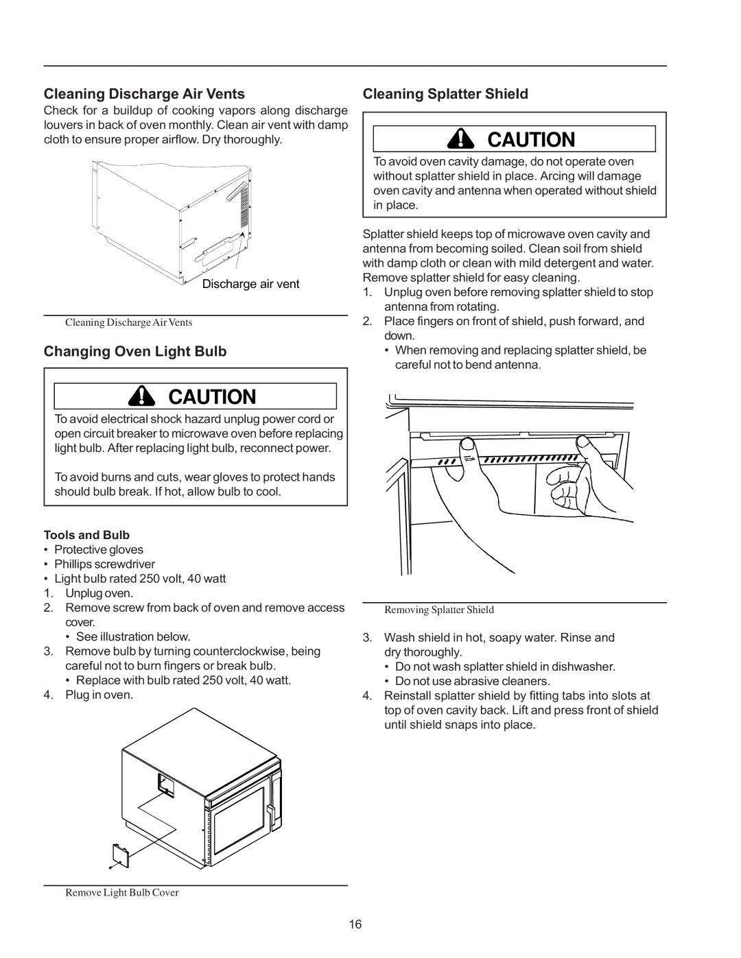 Amana RC17, RC22, RC27 owner manual Cleaning Discharge Air Vents, Changing Oven Light Bulb, Cleaning Splatter Shield 