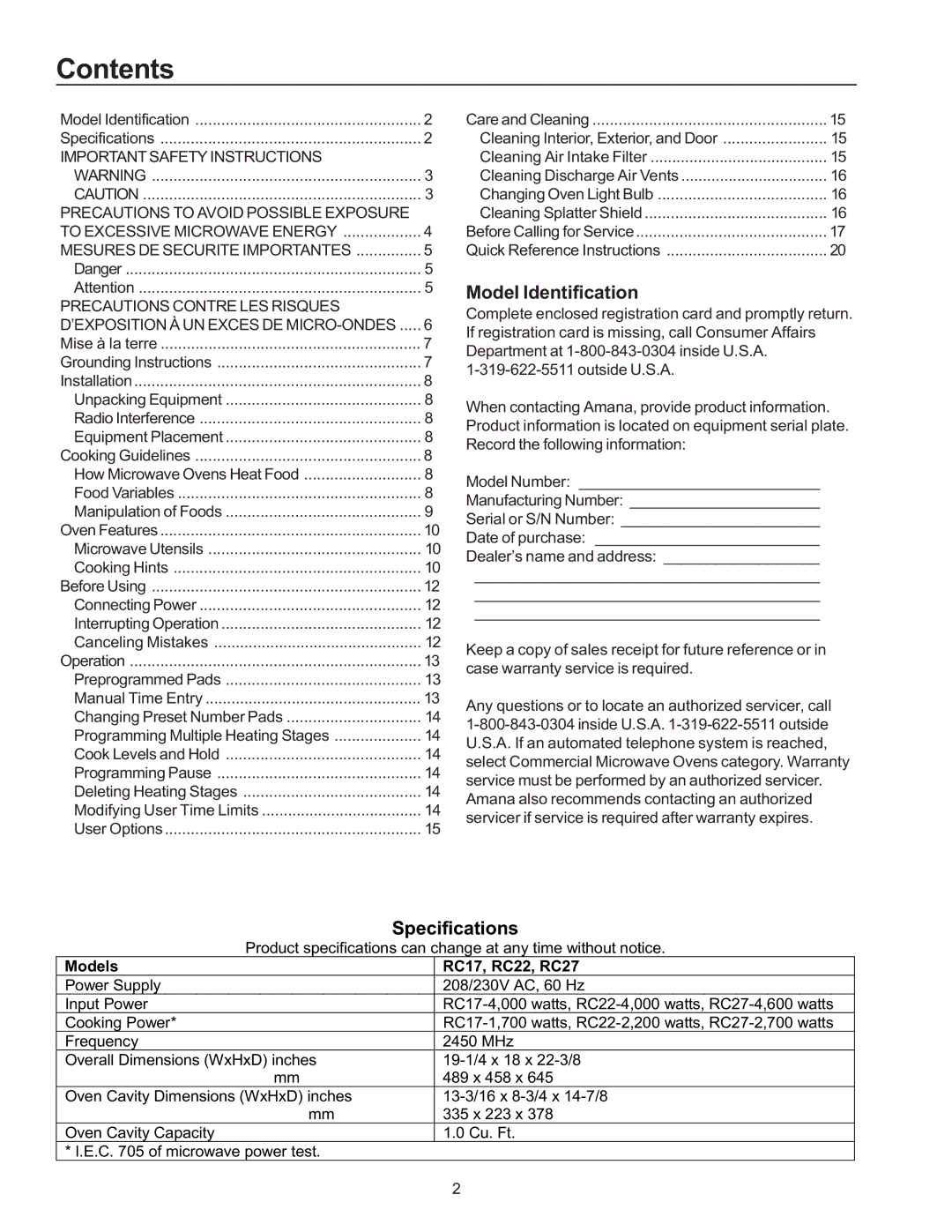 Amana RC27, RC22, RC17 owner manual Contents 