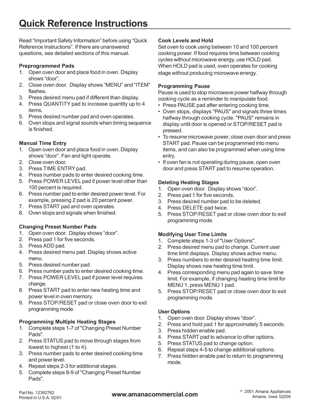 Amana RC27, RC22, RC17 owner manual Quick Reference Instructions 