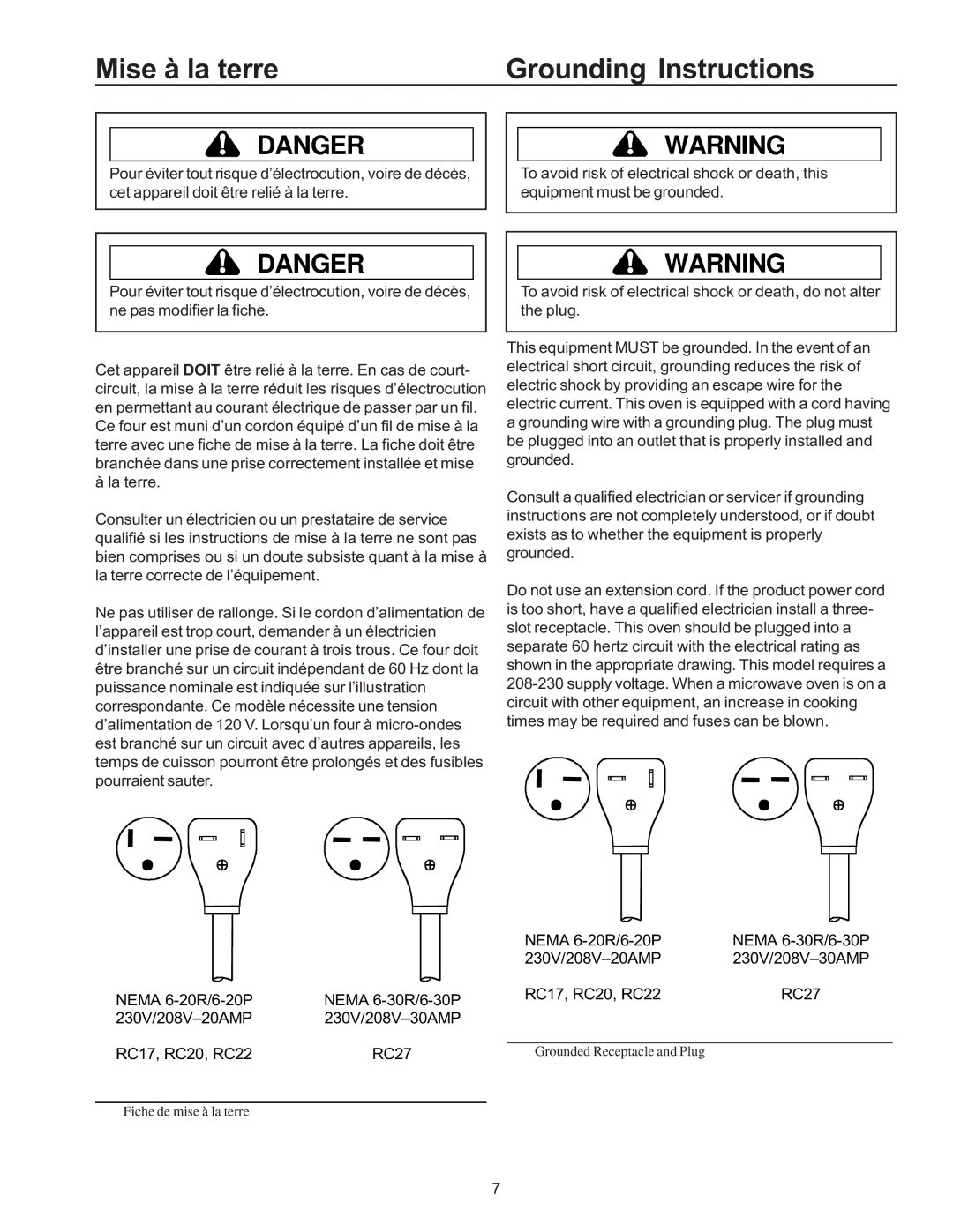 Amana RC17, RC22, RC27 owner manual Mise à la terre Grounding Instructions 