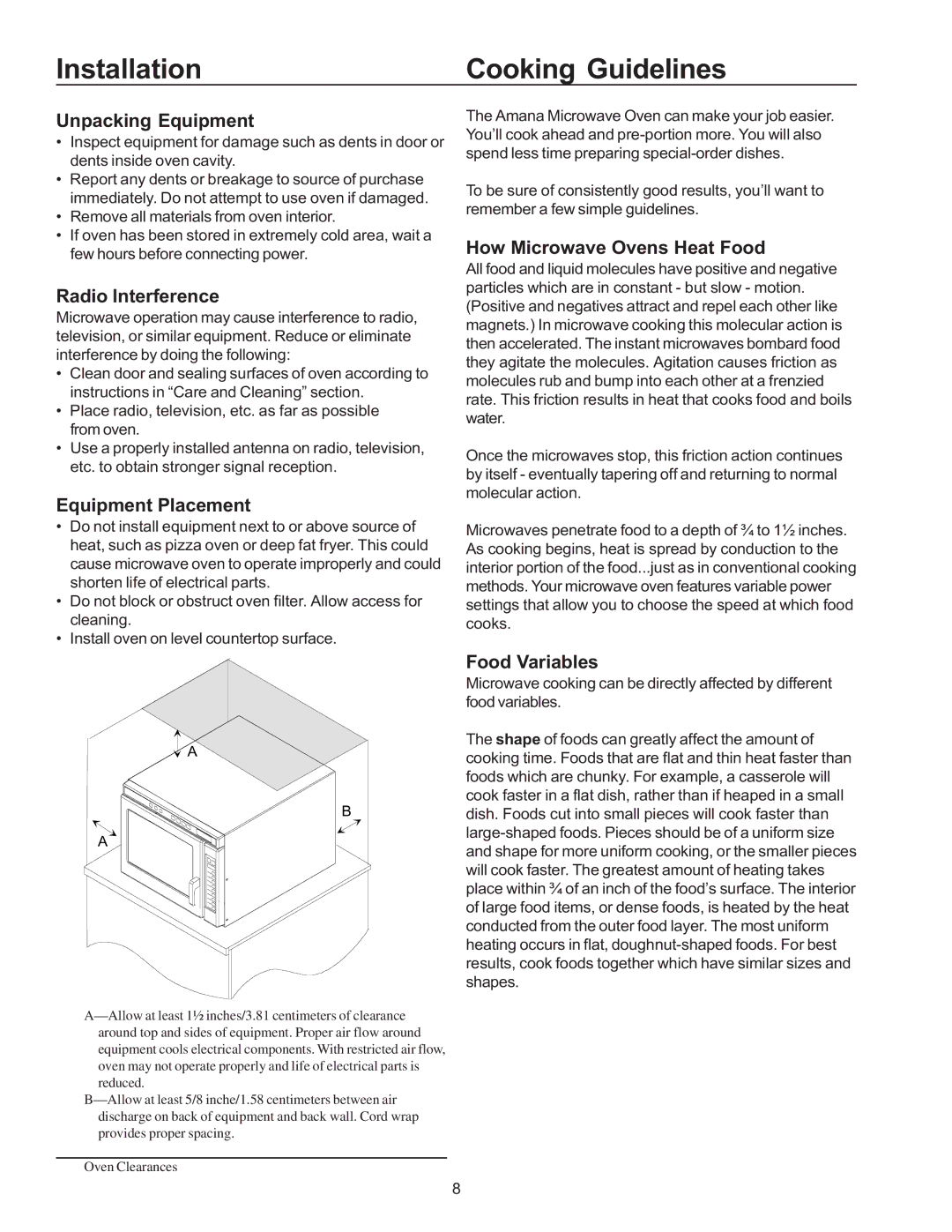 Amana RC27, RC22, RC17 owner manual Installation Cooking Guidelines 