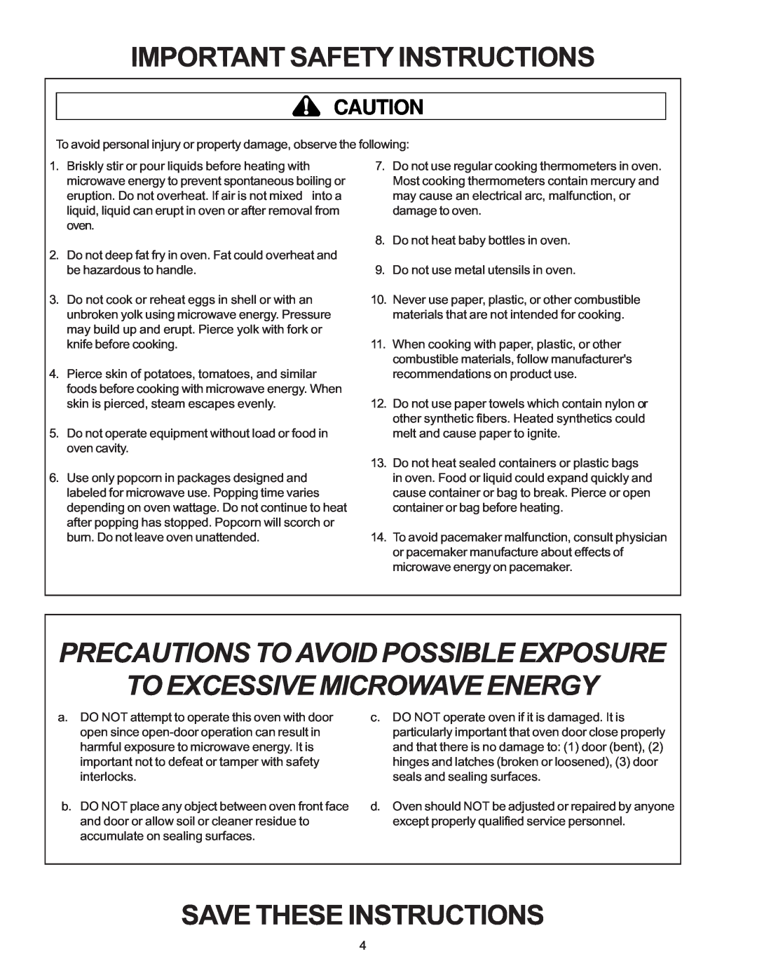 Amana RC17, RC22, RC27 Precautions To Avoid Possible Exposure To Excessive Microwave Energy, Important Safety Instructions 