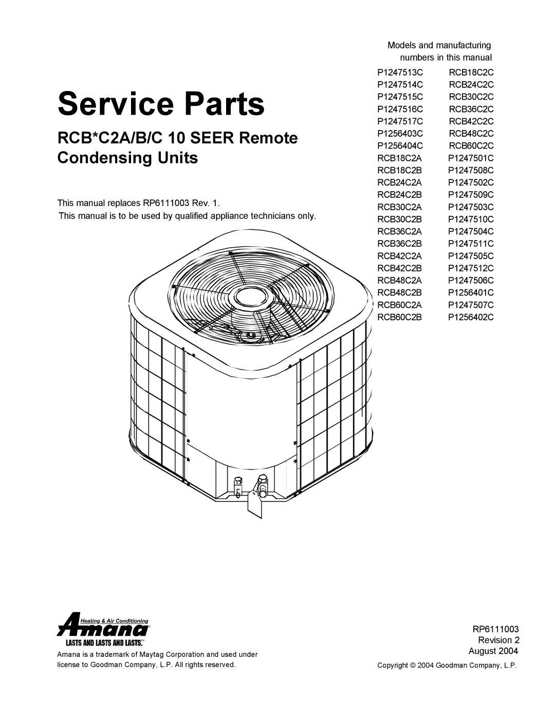 Amana RCB18C2CP1247513C manual Service Parts 