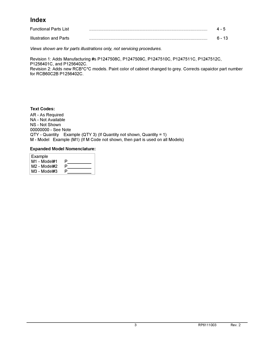 Amana RCB18C2CP1247513C manual Index, Text Codes, Expanded Model Nomenclature 