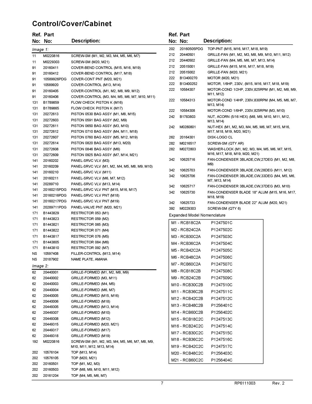 Amana RCB18C2CP1247513C manual Part Description Ref. Part No No 