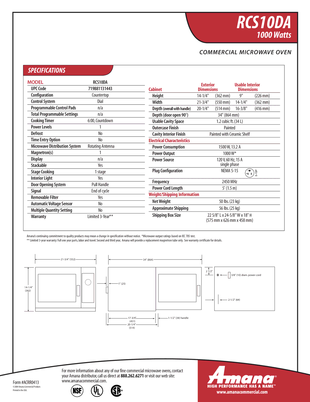 Amana RCS10DA warranty Cabinet, Electrical Characteristics 