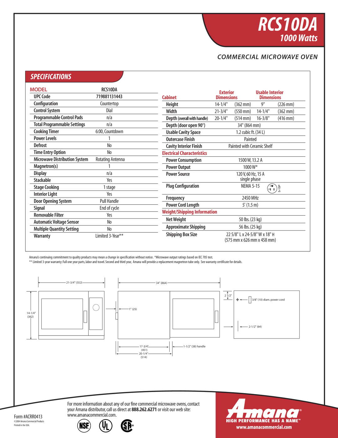 Amana RCS10DA warranty Watts, Commercial Microwave Oven, Model, Cabinet, Electrical Characteristics 
