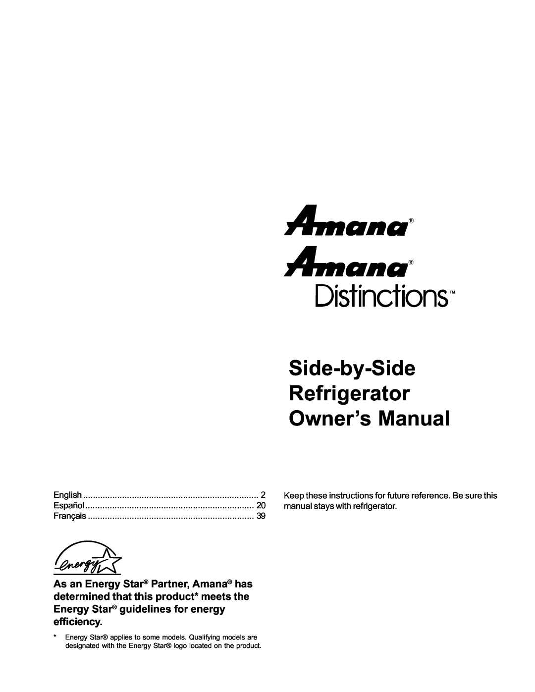 Amana ARS9167AC, ARS9168AB, ARS9169AS owner manual Side-by-Side Refrigerator Owner’s Manual, manual stays with refrigerator 