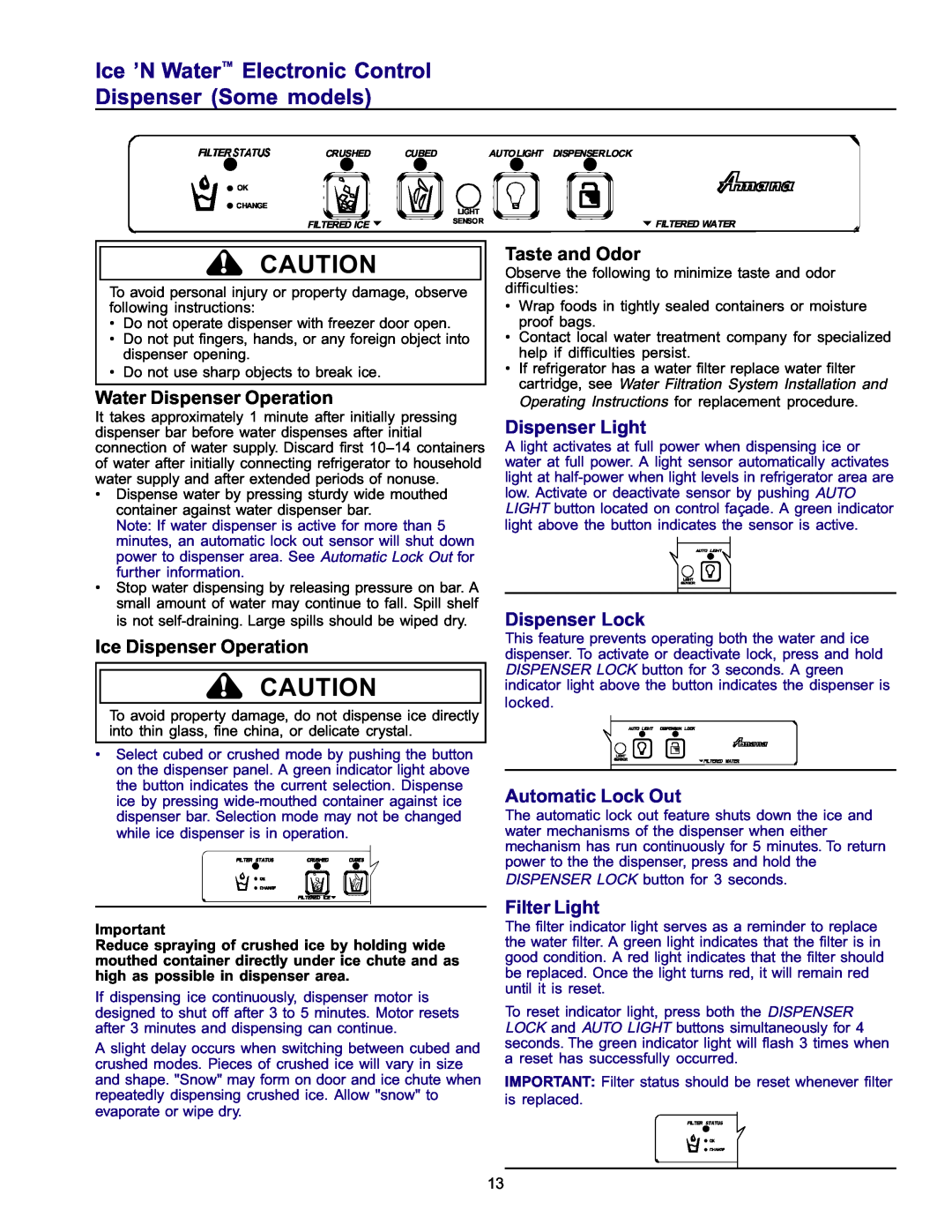 Amana ARS2667AS Ice ’N Water Electronic Control Dispenser Some models, Dispenser Light, Dispenser Lock, Automatic Lock Out 