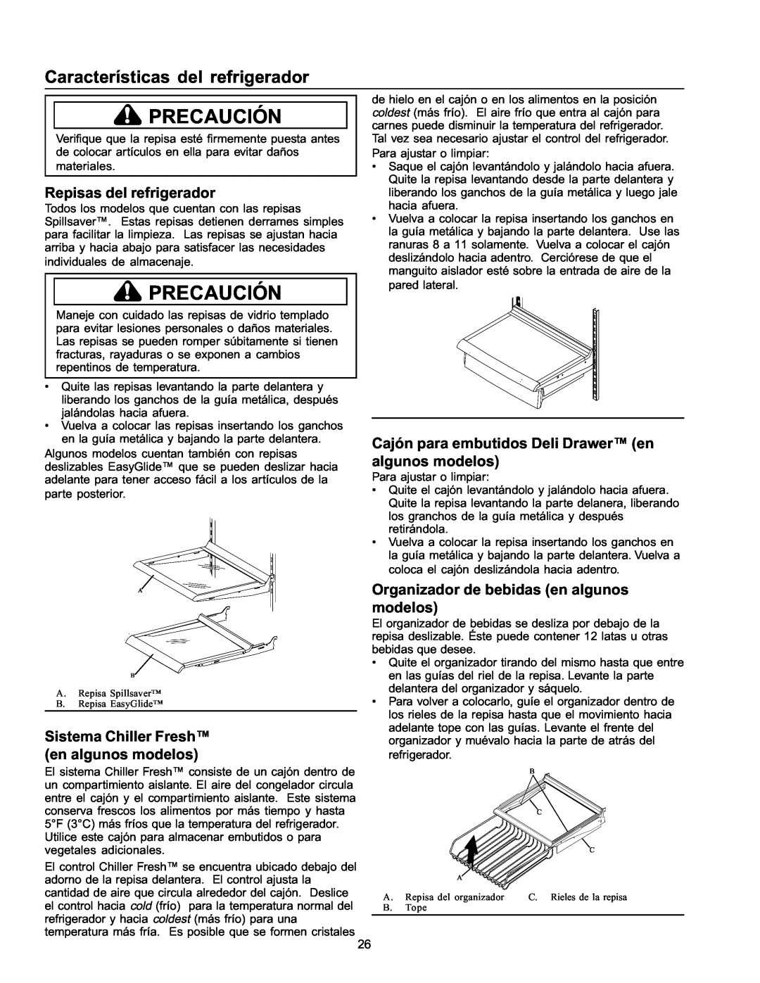 Amana ARS2665AW Características del refrigerador, Repisas del refrigerador, Sistema Chiller Fresh en algunos modelos 