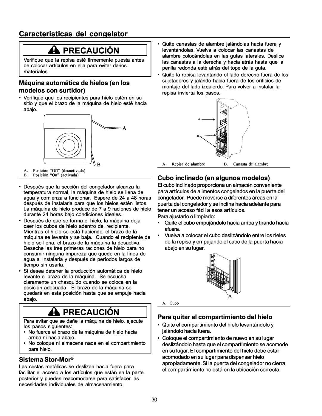 Amana ARS2666AW Caracteristicas del congelator, Máquina automática de hielos en los modelos con surtidor, Sistema Stor-Mor 