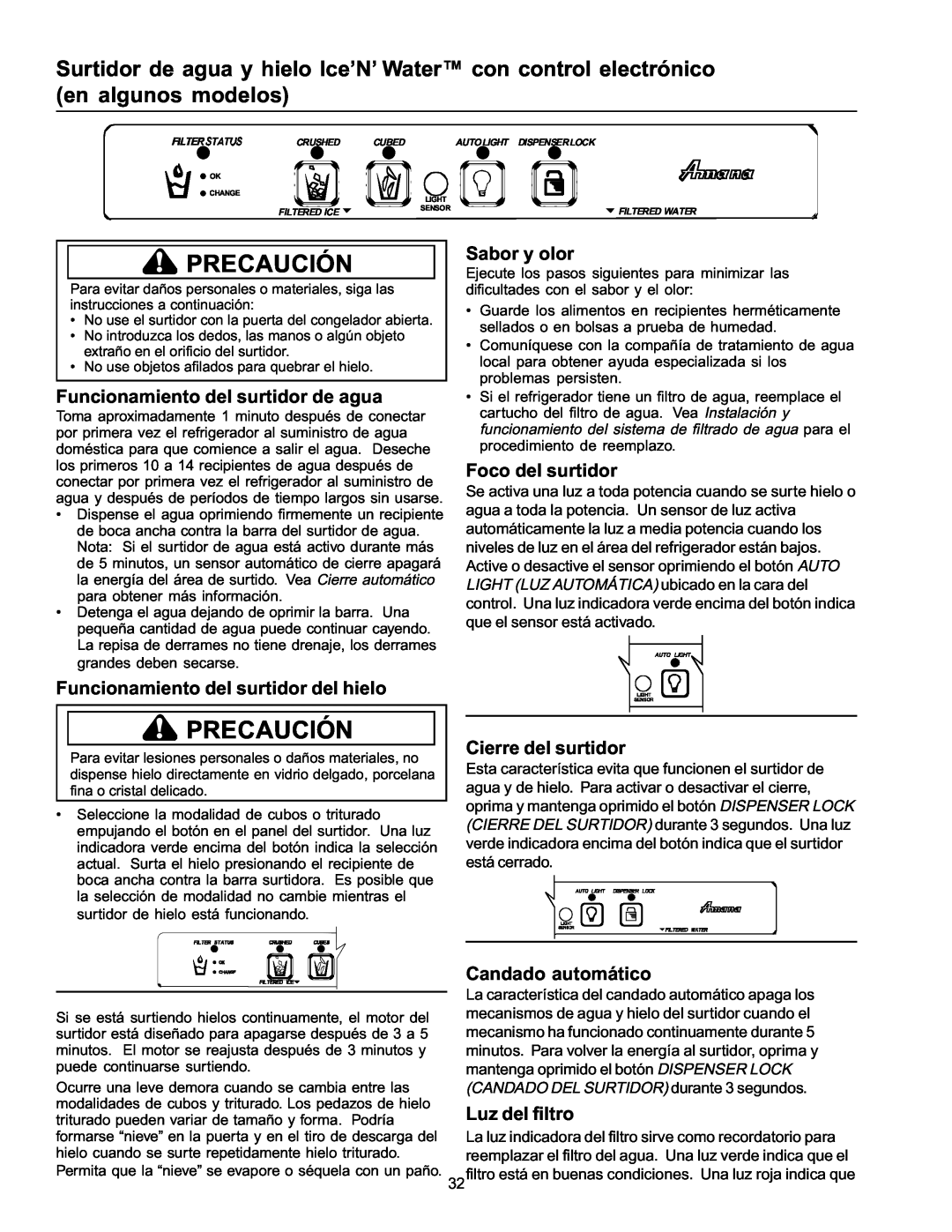 Amana ARS2365AW Foco del surtidor, Cierre del surtidor, Candado automático, Luz del filtro, Precaución, Sabor y olor 