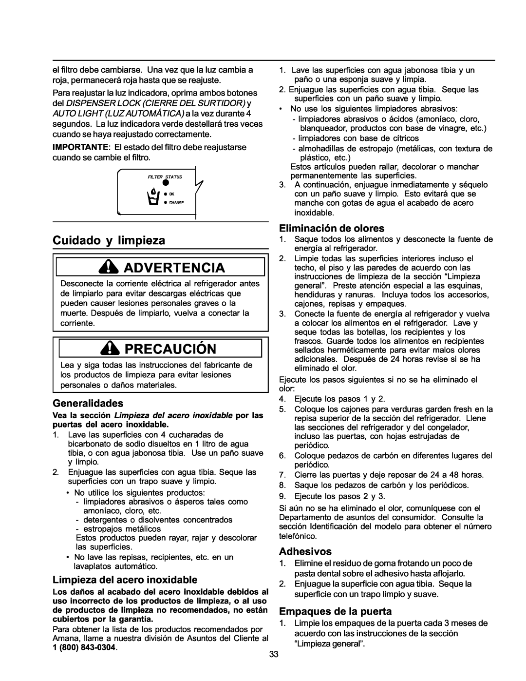 Amana ARS2666AC Cuidado y limpieza, Generalidades, Limpieza del acero inoxidable, Eliminación de olores, Adhesivos 