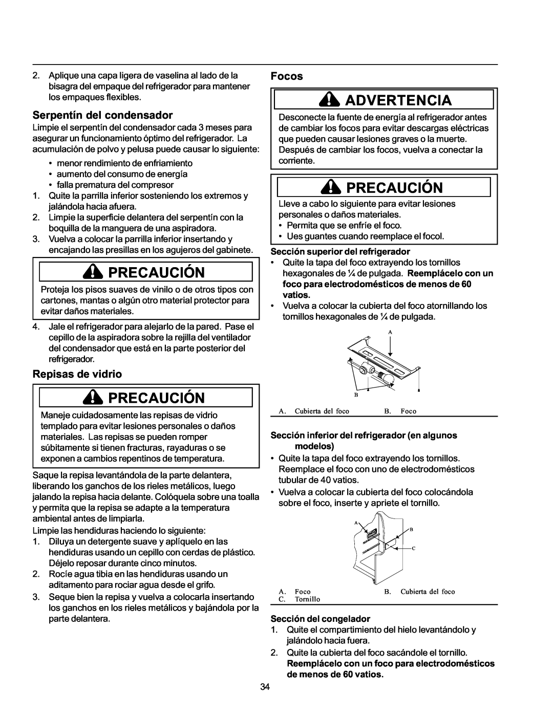 Amana ARS2364AC Serpentín del condensador, Repisas de vidrio, Focos, Sección superior del refrigerador, Precaución 