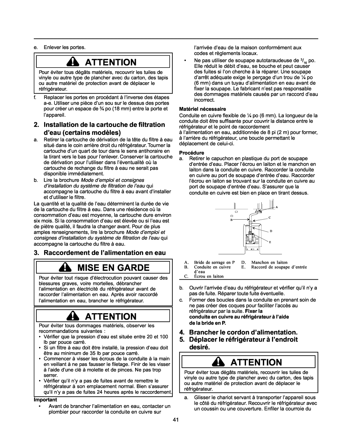 Amana ARS9168AC Installation de la cartouche de filtration d’eau certains modèles, Raccordement de l’alimentation en eau 