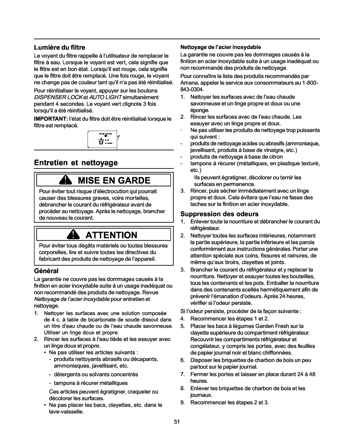 Amana ARS2365AB, Refrigerator Entretien et nettoyage, Lumière du filtre, Général, Suppression des odeurs, Mise En Garde 