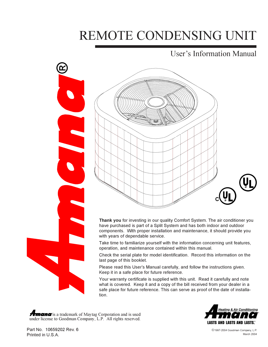 Amana REMOTE CONDENSING UNIT user manual Remote Condensing Unit 