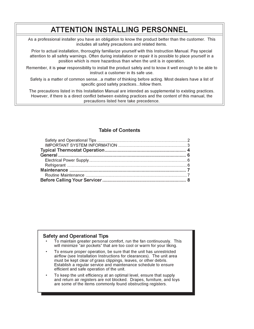 Amana REMOTE CONDENSING UNIT user manual Table of Contents, Safety and Operational Tips 