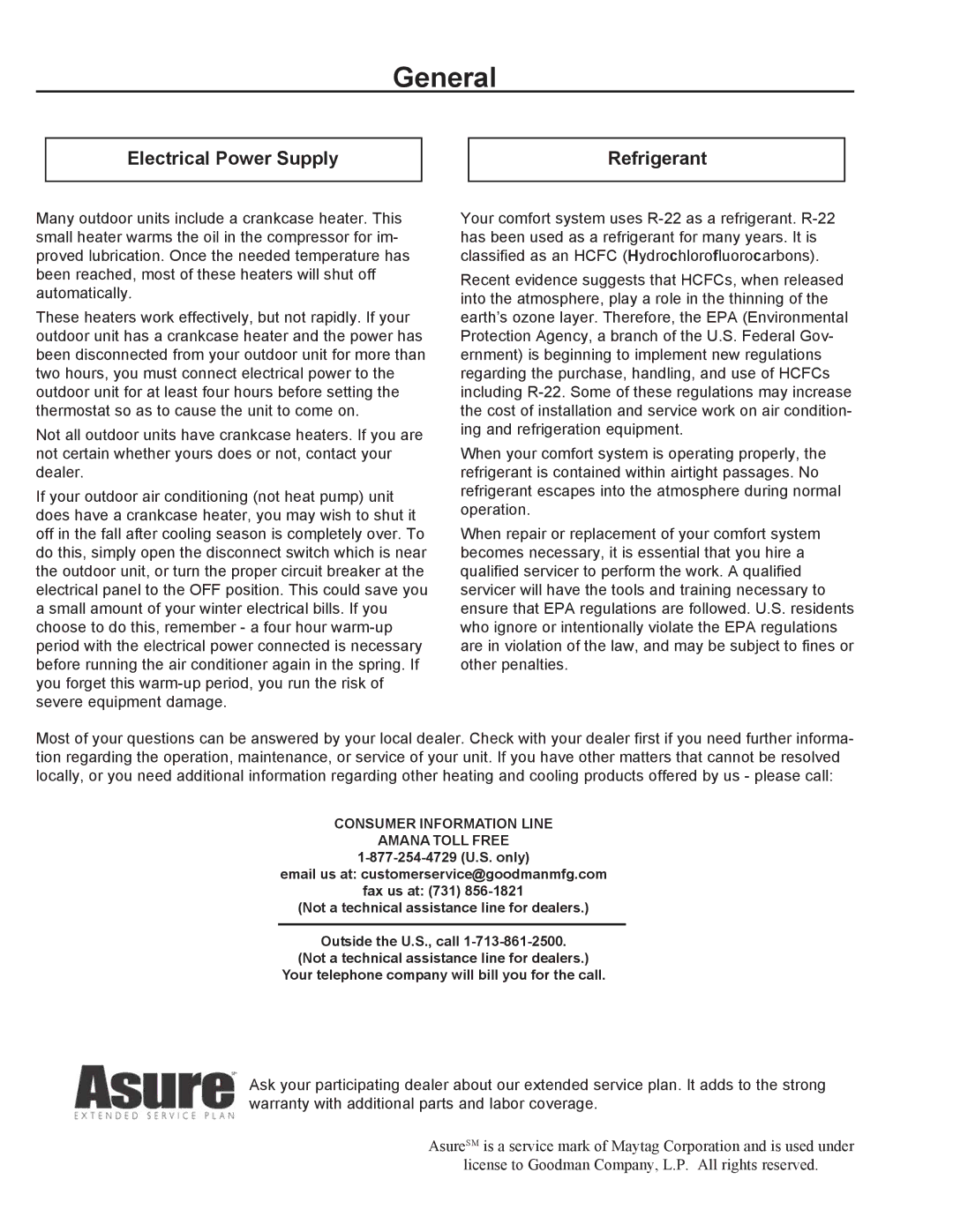 Amana REMOTE CONDENSING UNIT user manual General, Electrical Power Supply Refrigerant 