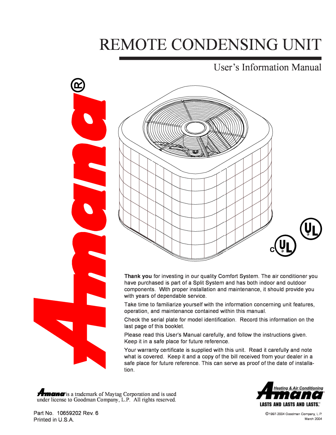 Amana REMOTE CONDENSING UNIT user manual Remote Condensing Unit, User’s Information Manual 