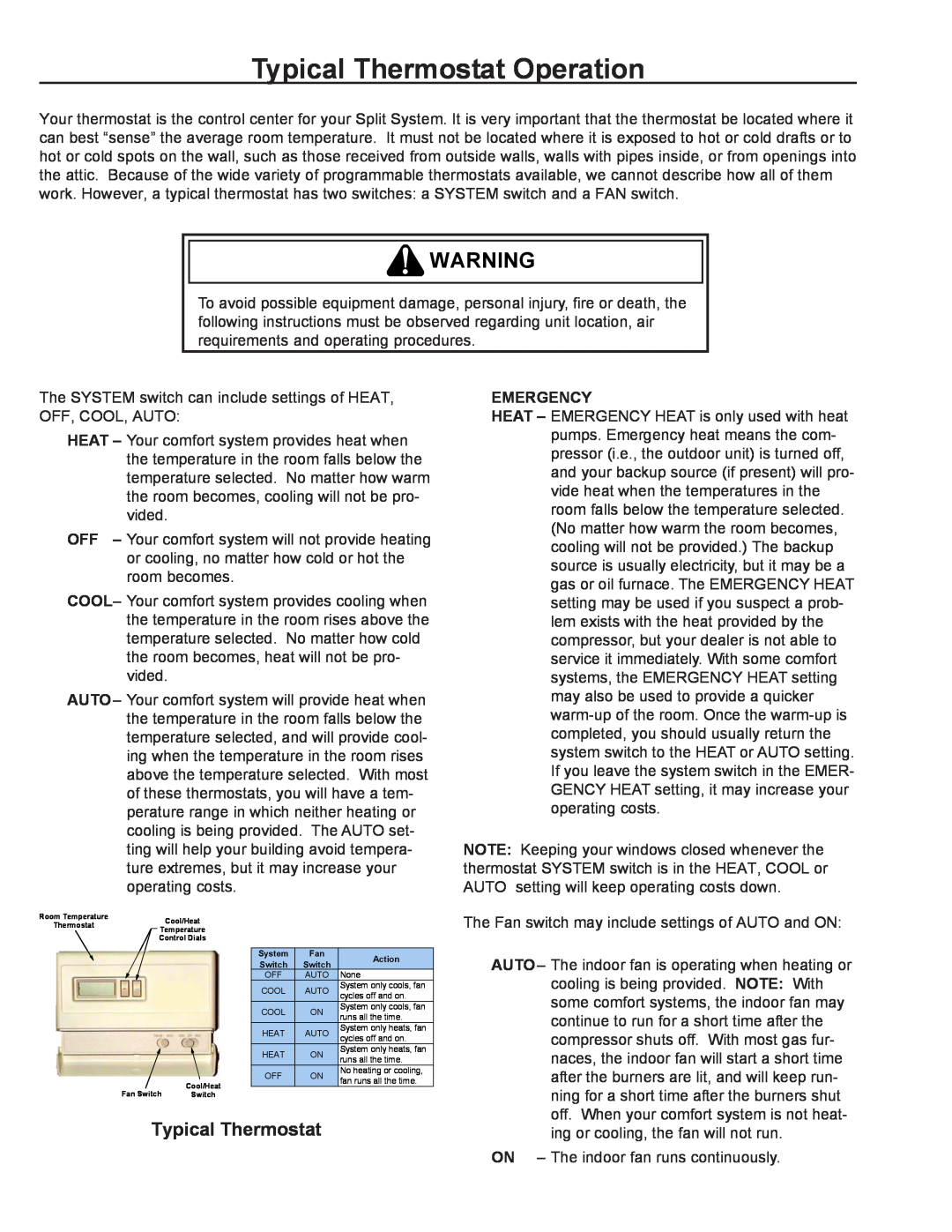 Amana REMOTE CONDENSING UNIT user manual Typical Thermostat Operation, Emergency 