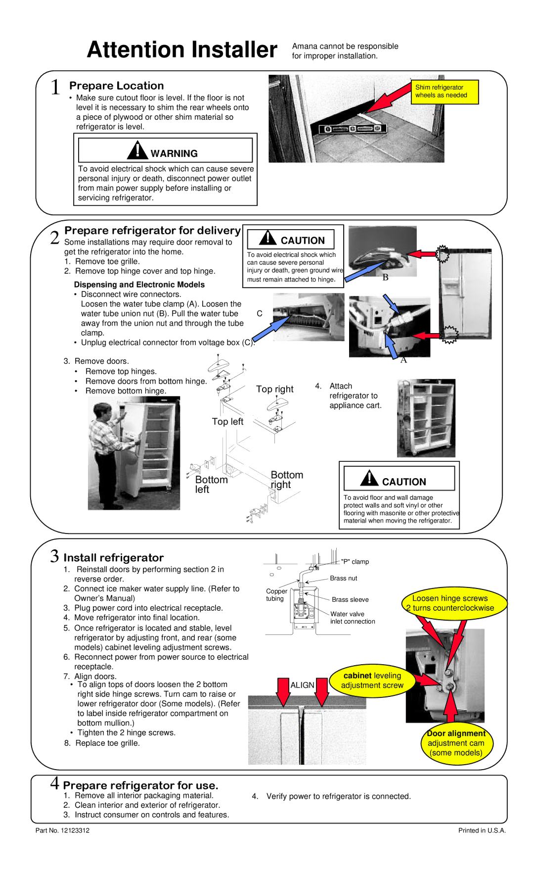 Amana RFDWLRQ owner manual Qvwdoouhiuljhudwru, 3UHSDUH8. Replace toeUHIULJHUDWRUgrille. Iruxvh, Cabinet leveling 