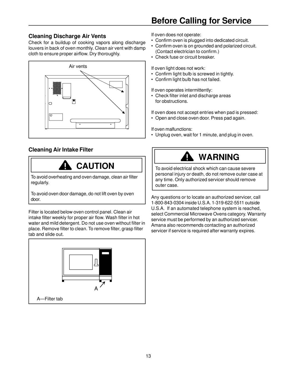 Amana Rfs9mp, rfs11MP owner manual Before Calling for Service, Cleaning Discharge Air Vents, Cleaning Air Intake Filter 