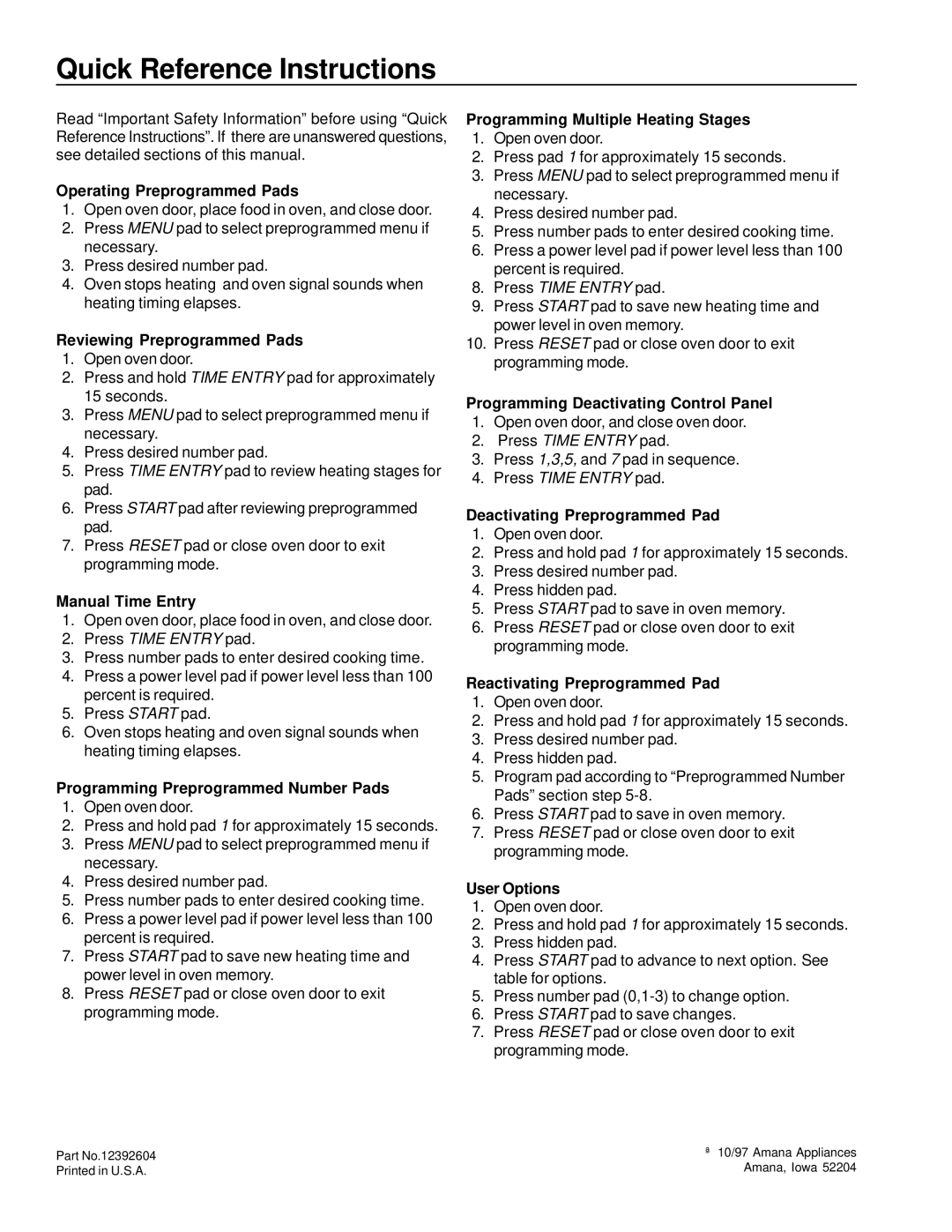 Amana rfs11MP, Rfs9mp owner manual Quick Reference Instructions, Operating Preprogrammed Pads 