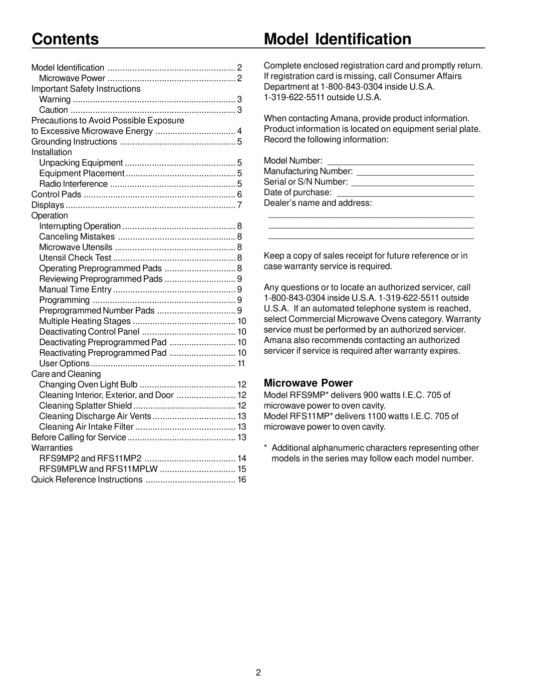 Amana rfs11MP, Rfs9mp owner manual Contents Model Identification 