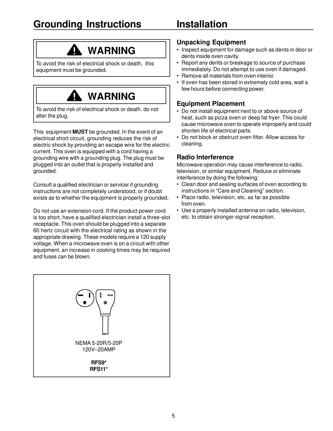 Amana Rfs9mp, rfs11MP Grounding Instructions Installation, Unpacking Equipment, Equipment Placement, Radio Interference 