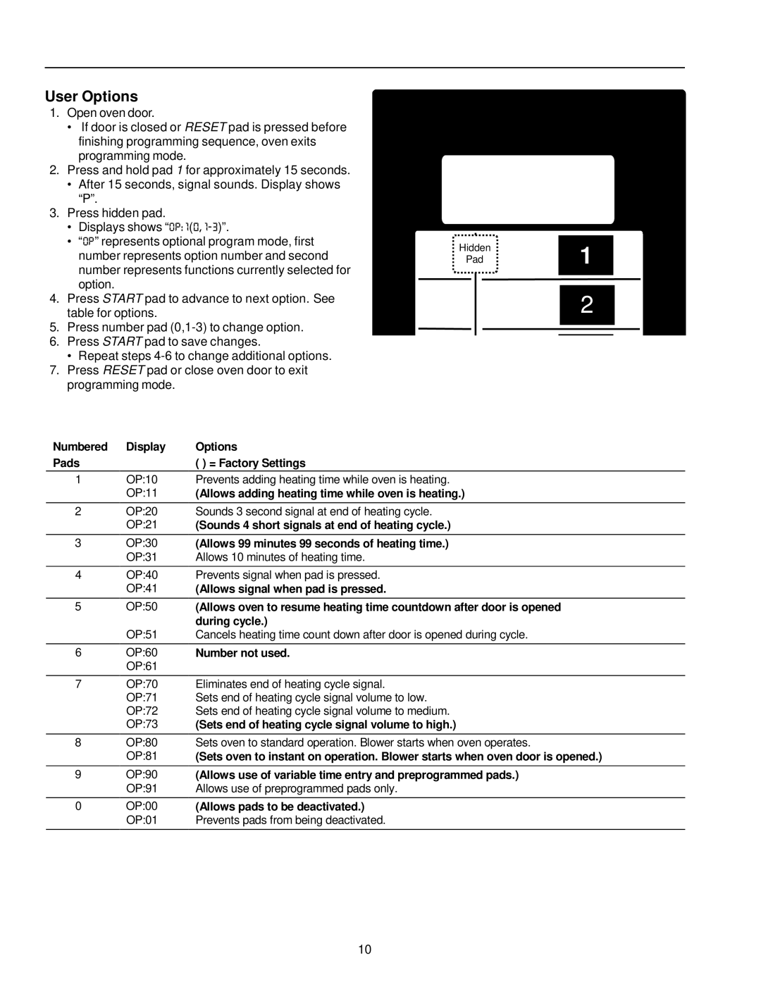 Amana RFS9, RFS11 owner manual User Options, OP60 Number not used. OP61 