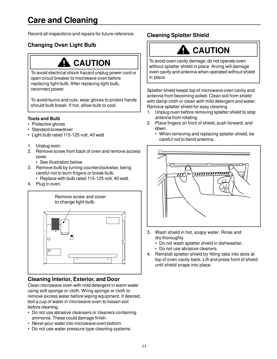 Amana RFS11 Care and Cleaning, Changing Oven Light Bulb, Cleaning Splatter Shield, Cleaning Interior, Exterior, and Door 